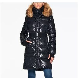 S13 belted faux fur trim hood down puffer coat